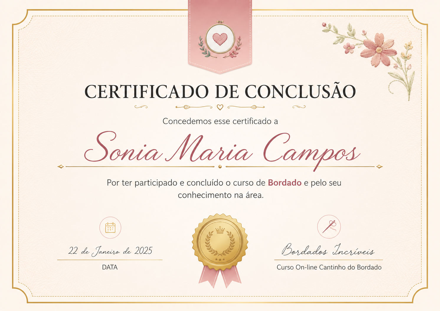 Certificado de conclusão do curso Cantinho do Bordado